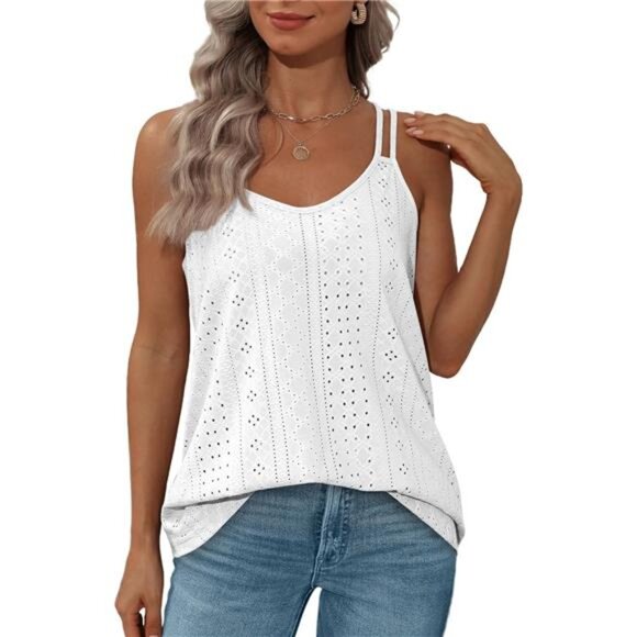Women's Spaghetti Strap Camisole Tank Top Eyelet Embroidery Scoop Neck - Picture 4 of 6
